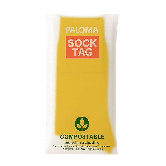 Compostable bag packaging for Kingly™ socks, made from certified plant-based materials