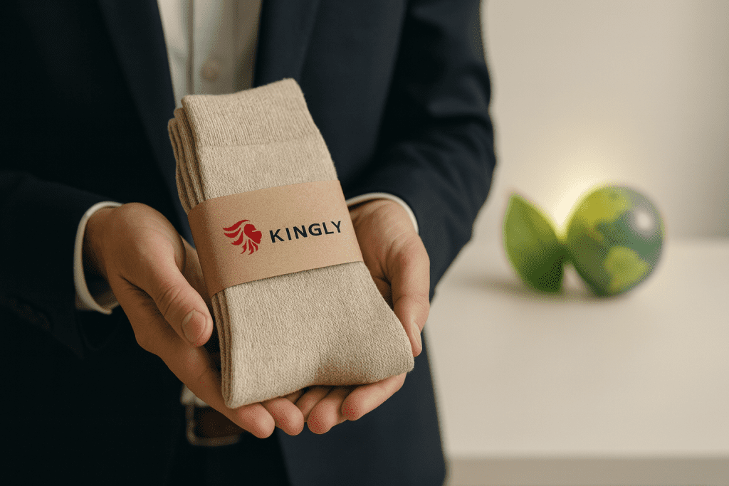 Hands in a suit holding beige Kingly™ socks with eco label, positioned in front of globe and leaf shapes on desk, symbolising sustainable CSR gifting