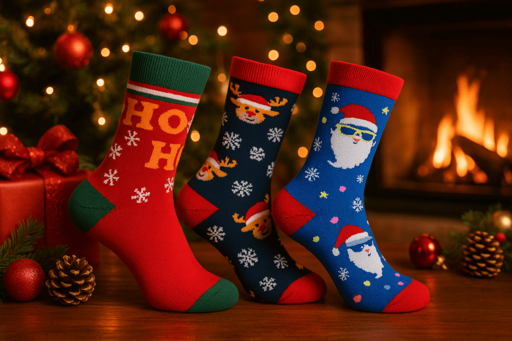 Three Christmas-themed crew socks with festive designs, standing in front of a fireplace and Christmas tree in a warm holiday setting.