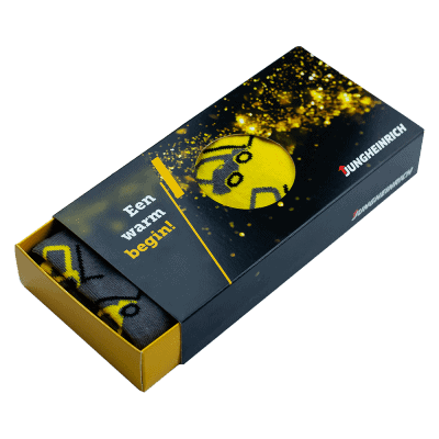 Custom printed KB03 sliding box made from FSC-certified cardboard, designed for two pairs of socks, featuring full-colour branding with circular window and premium finish