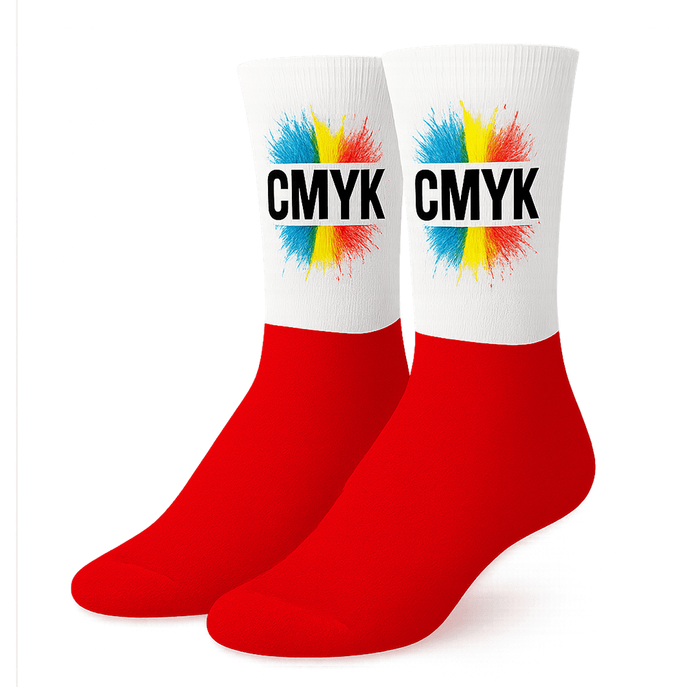 Hybrid sock with bright red knit base and sublimated white upper featuring CMYK colour splash