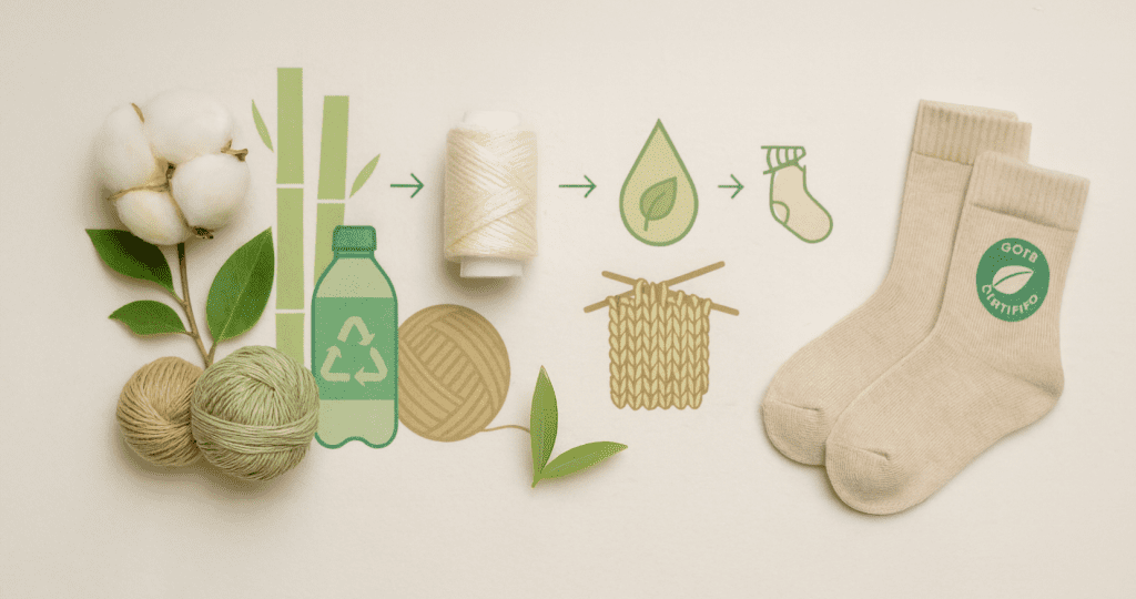 Visual showing sustainable sock manufacturing process with cotton, bamboo, recycled materials, yarn, and GOTS-certified beige socks