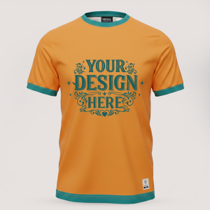 Orange Imperial custom sports t-shirt front view with teal ornamental Your Design Here graphic