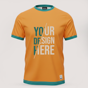 Orange Regal custom sports t-shirt front view with teal and white design placeholder