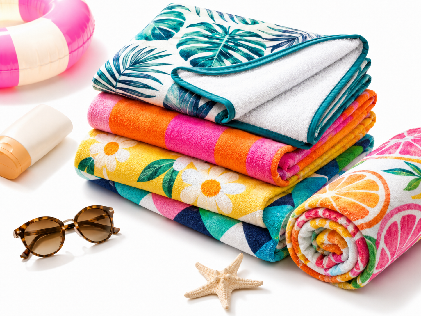 Colourful printed velour towels with tropical, floral and geometric designs