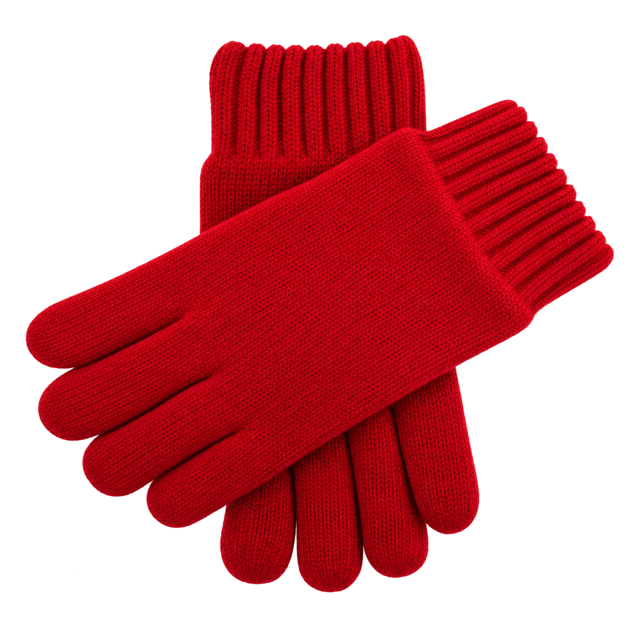 Pair of single-colour knitted gloves in red, with woven labels at the cuffs