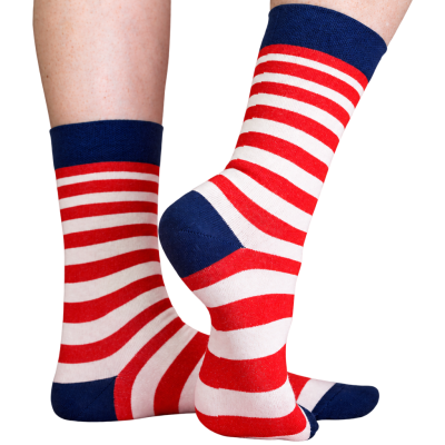 Red, white and navy striped custom crew socks on transparent background