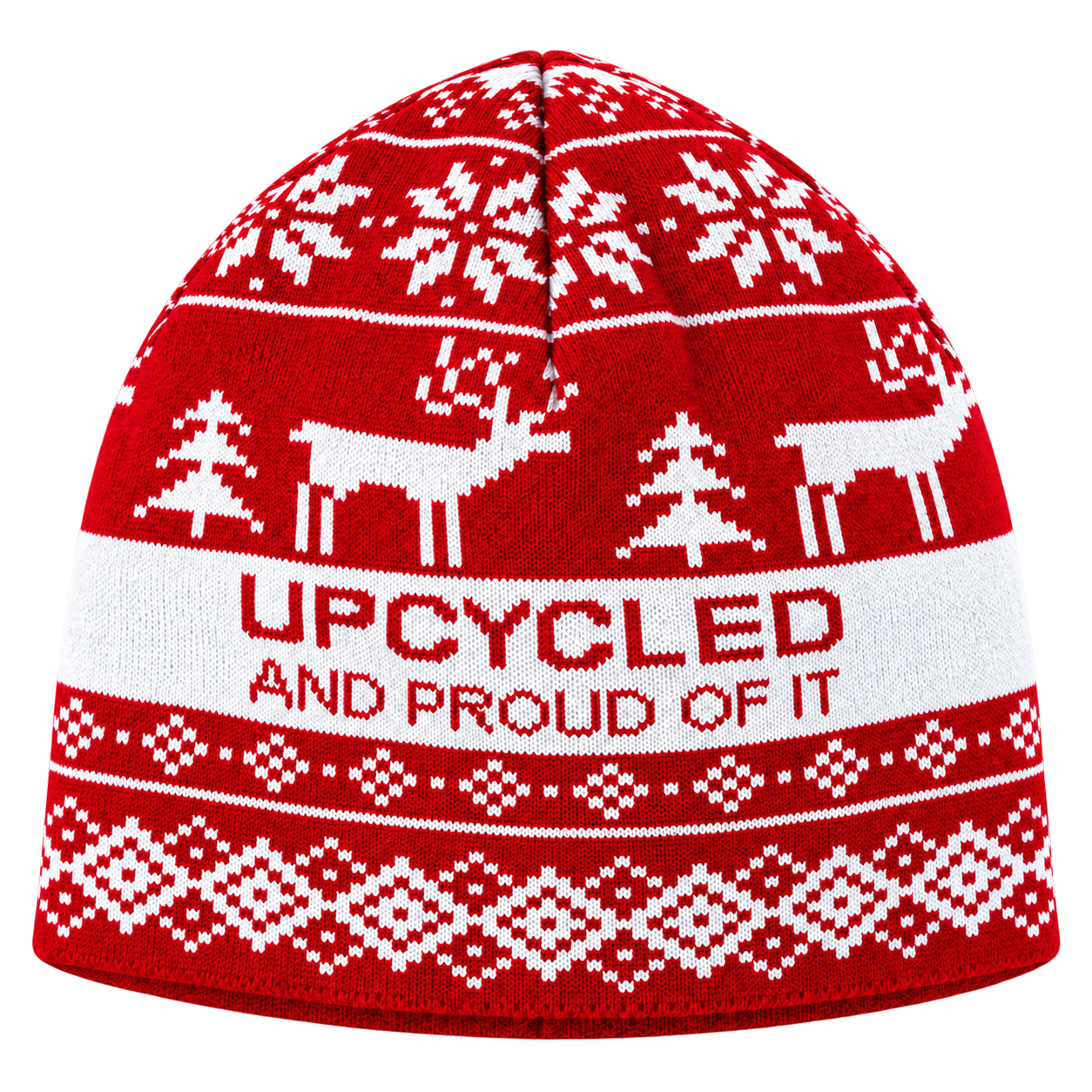 Red and white knitted beanie with reindeer, snowflakes and “Upcycled and proud of it” lettering