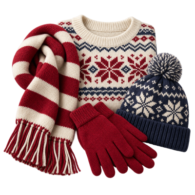 Custom knitted beanie, sweater, scarf and gloves by Kingly