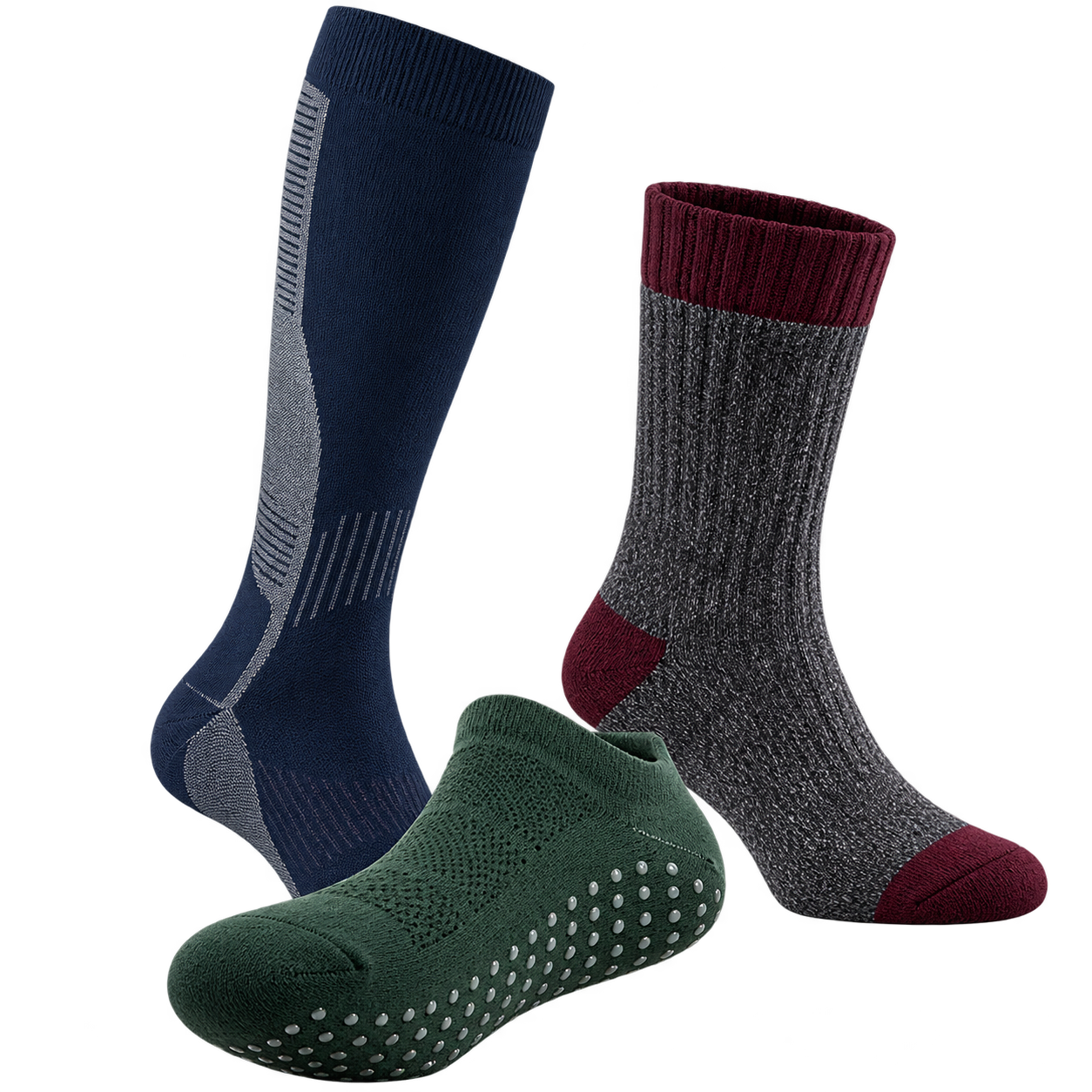 Navy knee-high sock, charcoal marl sock with burgundy accents, and a green ankle sock displaying grip dots on its sole.