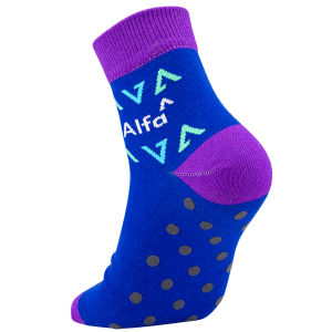 Blue custom quarter socks with purple details and silicone grippers