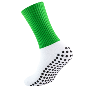 Green and white custom crew gripper socks with black silicone dots